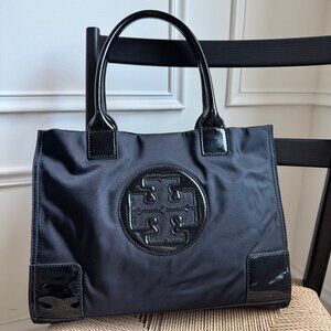 Tory Burch Black Nylon and Patent Leather Small Ella Tote Shoulder Bag